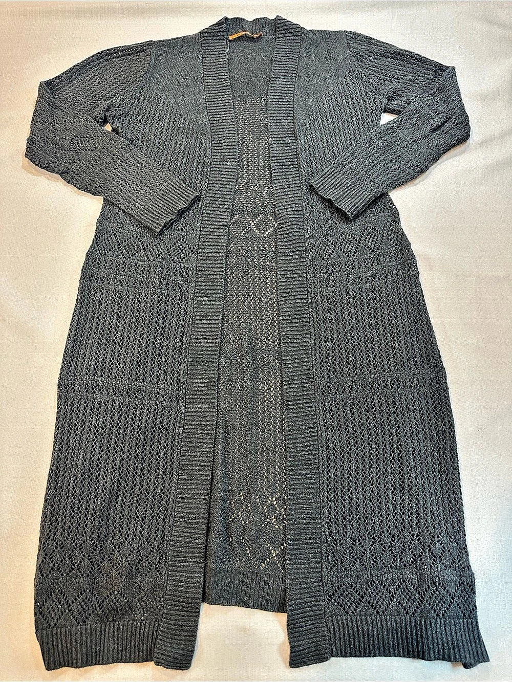 Belldini Gray Pointelle Knit Long Duster Cardigan Women’s M